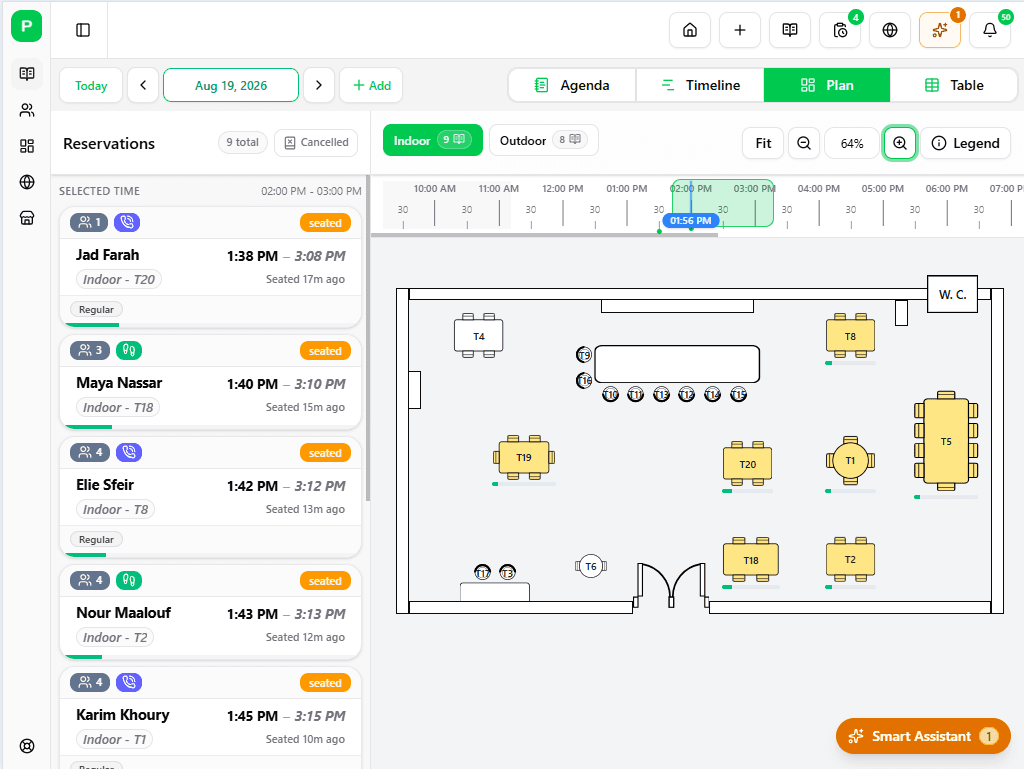 Patronist floor plan showing live reservations and table status on a tablet